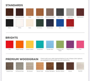 Wooden Whale Workshop 5 Foot Glider Fanback outdoor seating color swatches gallery: Standards, Brights, Premium Woodgrain