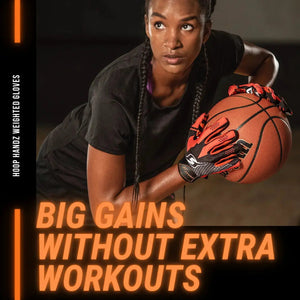 Hoop Handz weighted basketball gloves in orange and black gripping a basketball