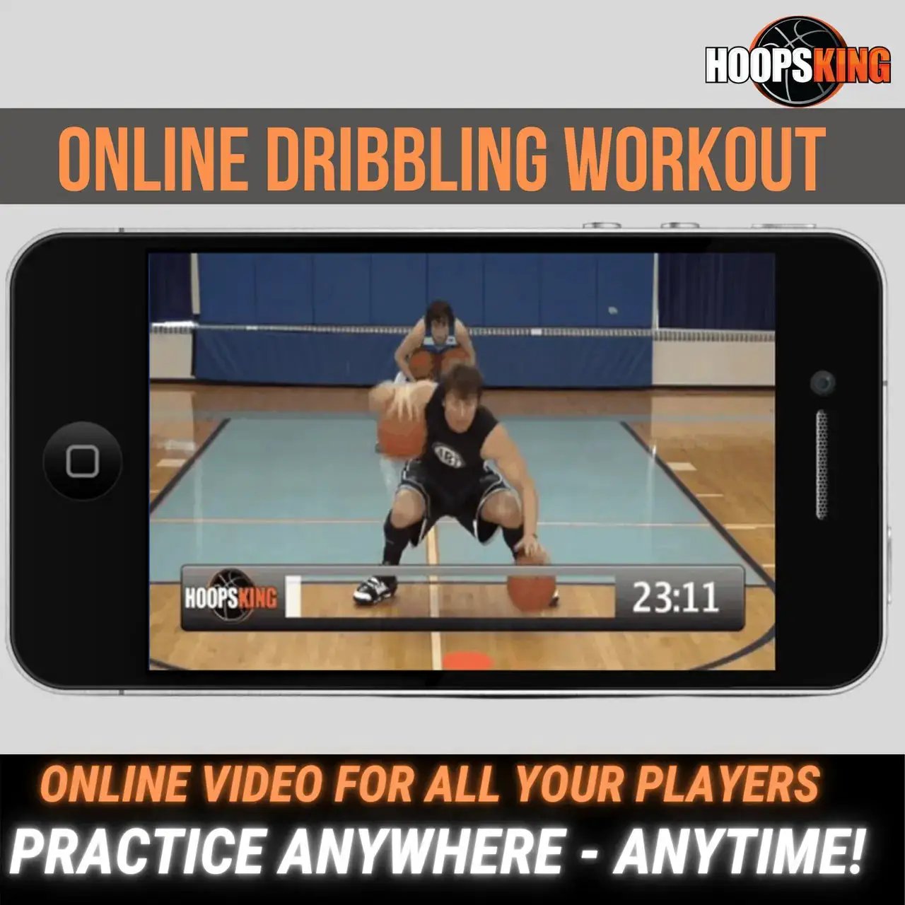 HoopsKing Basketball Dribble Goggles promo video on smartphone screen; HoopsKing logo visible
