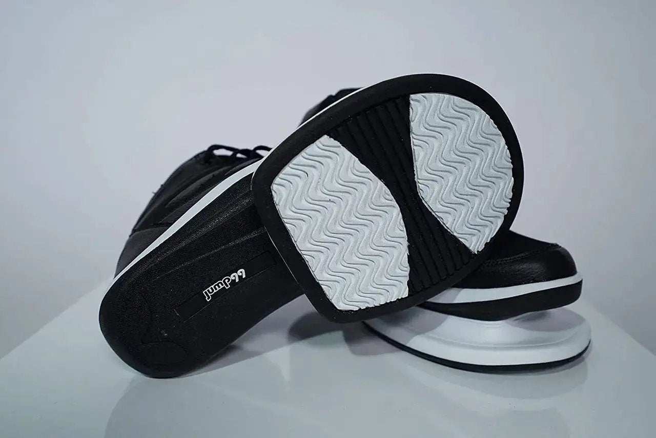 Jump 99 Plyometric Strength Training Shoes by HoopsKing, black athletic footwear with white sole tread, pair.