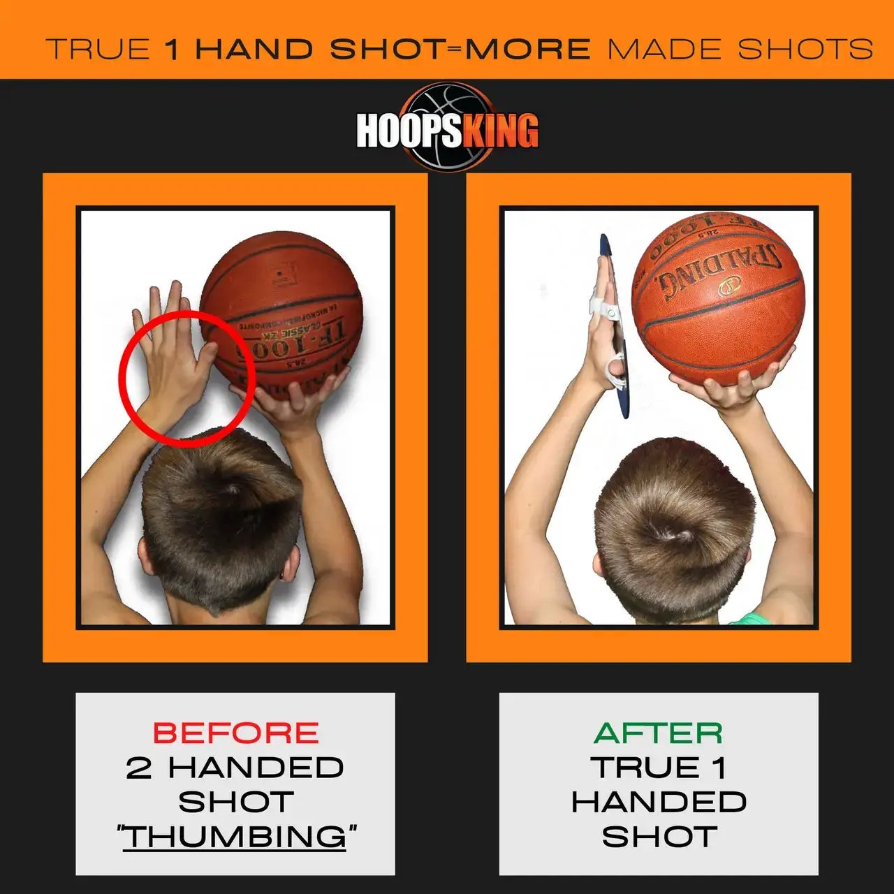 Smooth Shooter Off Hand training aid by HoopsKing; two side-by-side panels show before 2-handed shot and after 1-handed shot.
