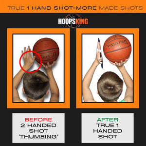 Smooth Shooter Off Hand training aid by HoopsKing; two side-by-side panels show before 2-handed shot and after 1-handed shot.