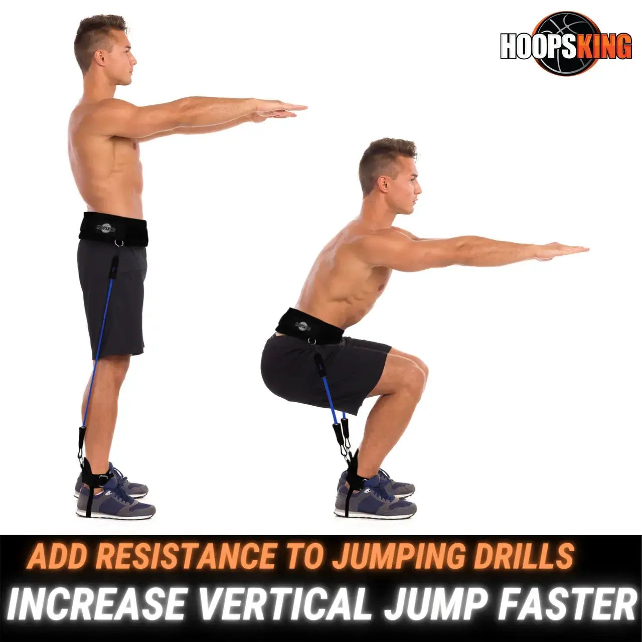HoopsKing Vertical Jump Trainer Resistance Bands; blue bands attached to black waist strap for basketball training