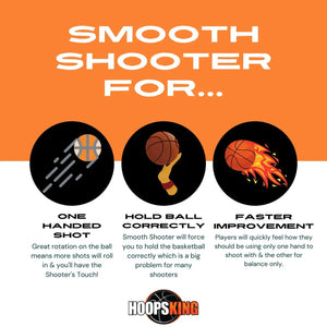 Smooth Shooter (Off Hand) by HoopsKing; orange infographic with 3 black circles illustrating one-handed shot, hold ball correctly, and faster improvement