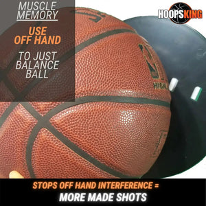 Smooth Shooter (Off Hand) basketball shooting aid by HoopsKing; close-up of an orange basketball with HoopsKing branding.