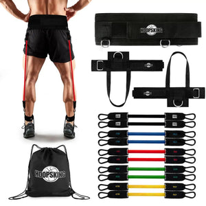 HoopsKing Vertical Jump Trainer Resistance Bands set with waist belt, ankle straps, handles, and bag for basketball training.
