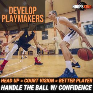HoopsKing Basketball Dribble Goggles logo visible in gym as players dribble on the court