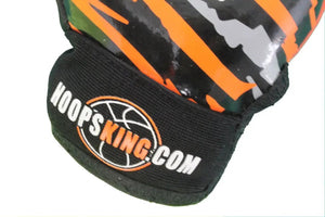 HoopsKing weighted basketball glove with orange camo pattern and logo