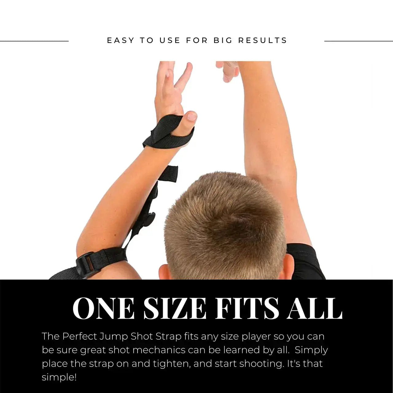Perfect Jump Shot Strap (Off Hand) basketball shooting aid on a child's forearm with a black strap