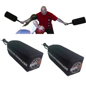 Defender Extender basketball training pads by HoopsKing; two black rectangular pads with handles.