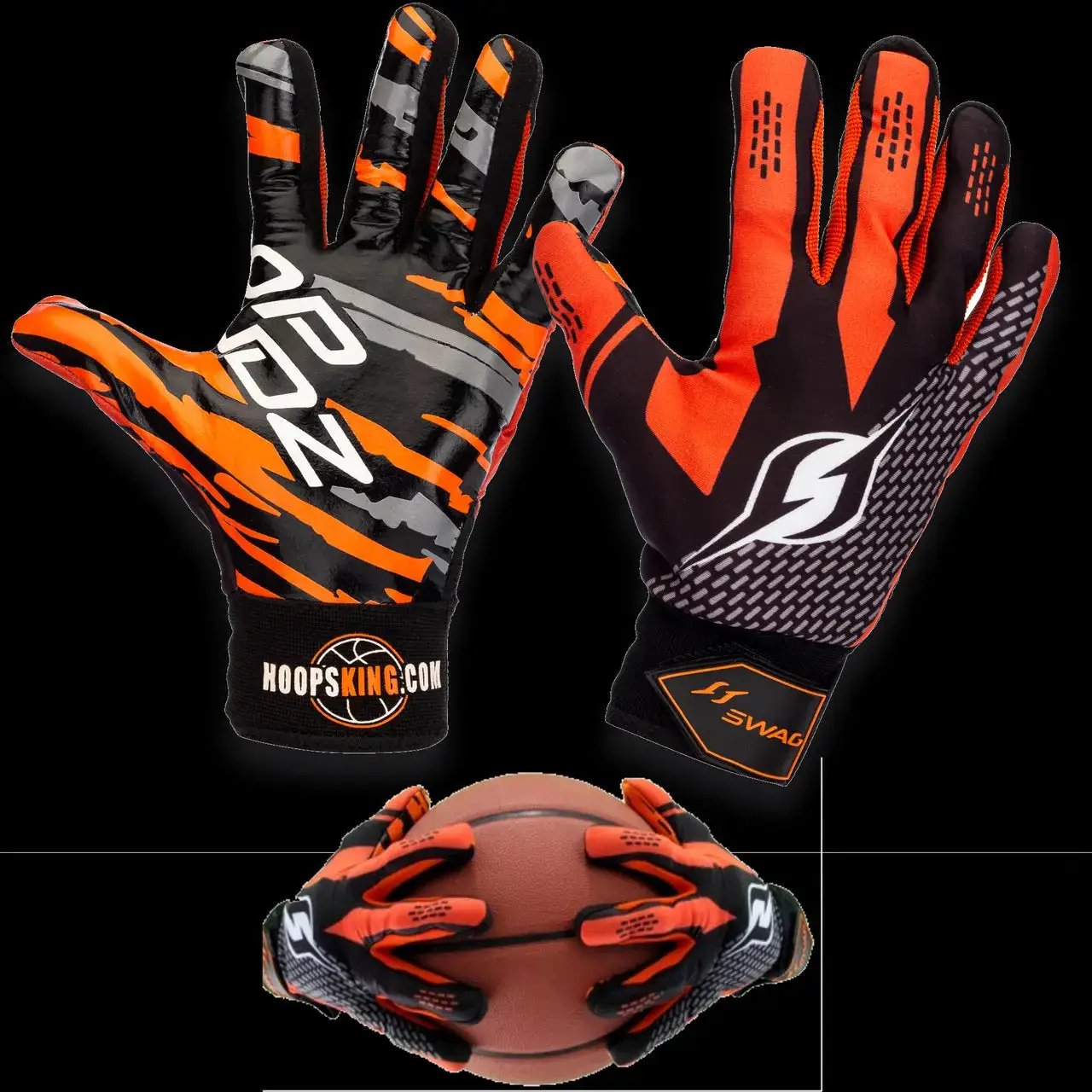 Hoop Handz Weighted Basketball Gloves, black/orange with HoopsKing branding, 2 gloves