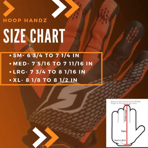 Hoop Handz weighted basketball gloves by HoopsKing – size chart in orange and black