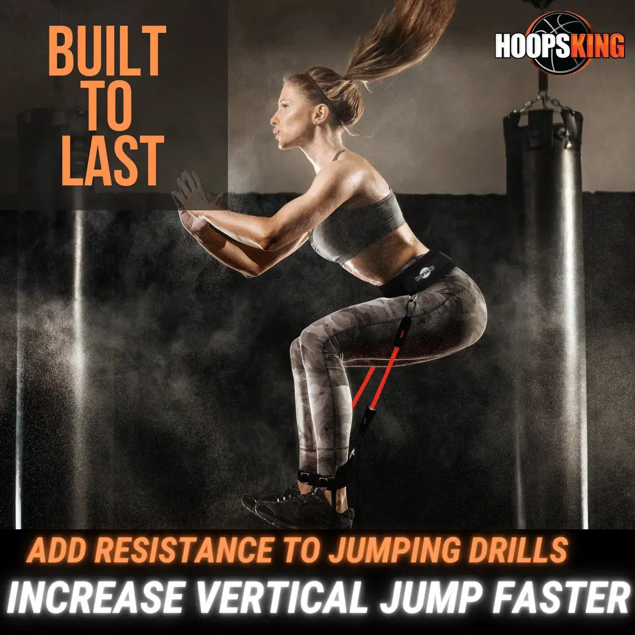 HoopsKing Vertical Jump Trainer Resistance Bands worn from waist to heels; orange bands for jumping drills