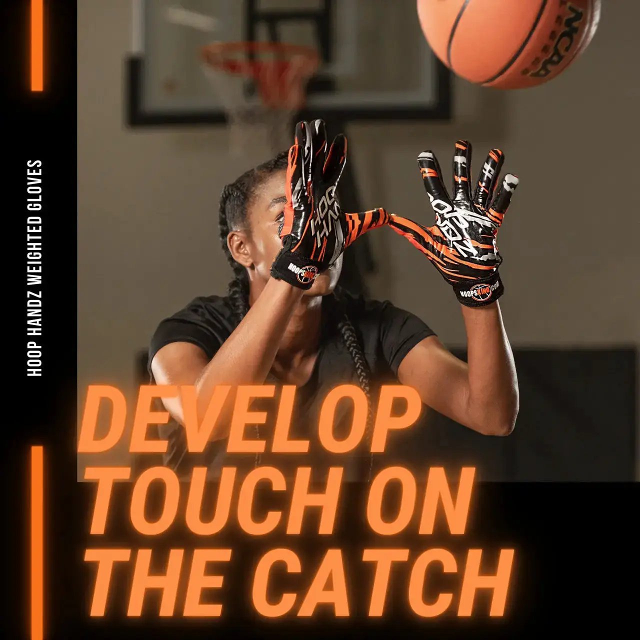 Hoop Handz Weighted Basketball Gloves by HoopsKing, black/orange pair for basketball training