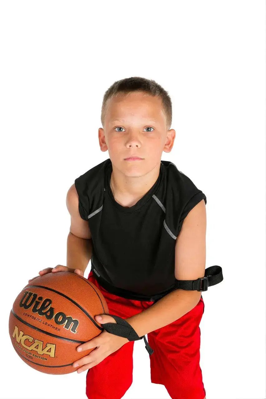 Perfect Jump Shot Strap (Off Hand) basketball shooting aid on a child; black arm straps, Wilson NCAA basketball
