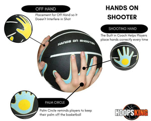 Hands on Shooter basketball training aid by HoopsKing; black ball with blue/yellow grip and visible logo