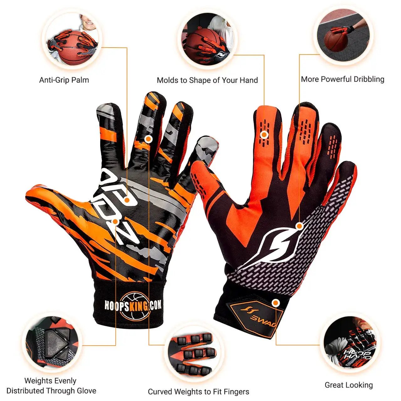 Hoop Handz weighted basketball gloves by HoopsKing; orange/black pair with anti-grip palm and curved finger weights.