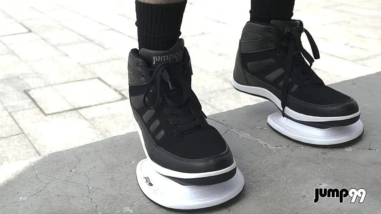 Jump99 plyometric training shoes pair, black high-top sneakers with thick white soles, Jump99 logo