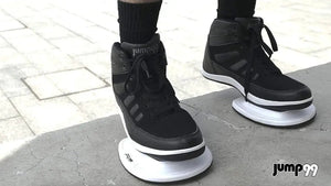 Jump99 plyometric training shoes pair, black high-top sneakers with thick white soles, Jump99 logo