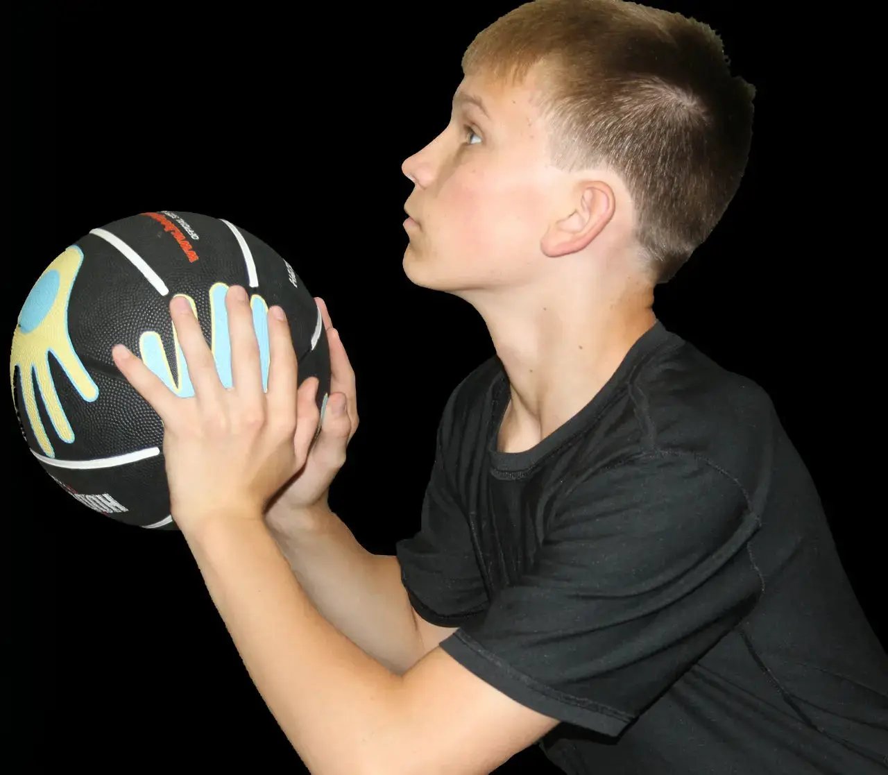 Hands on Shooter Basketball with Hand Placement by HoopsKing, black training ball with blue accents.