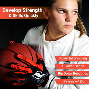 HoopsKing Hoop Handz weighted basketball gloves in orange and black, worn by a player holding a basketball