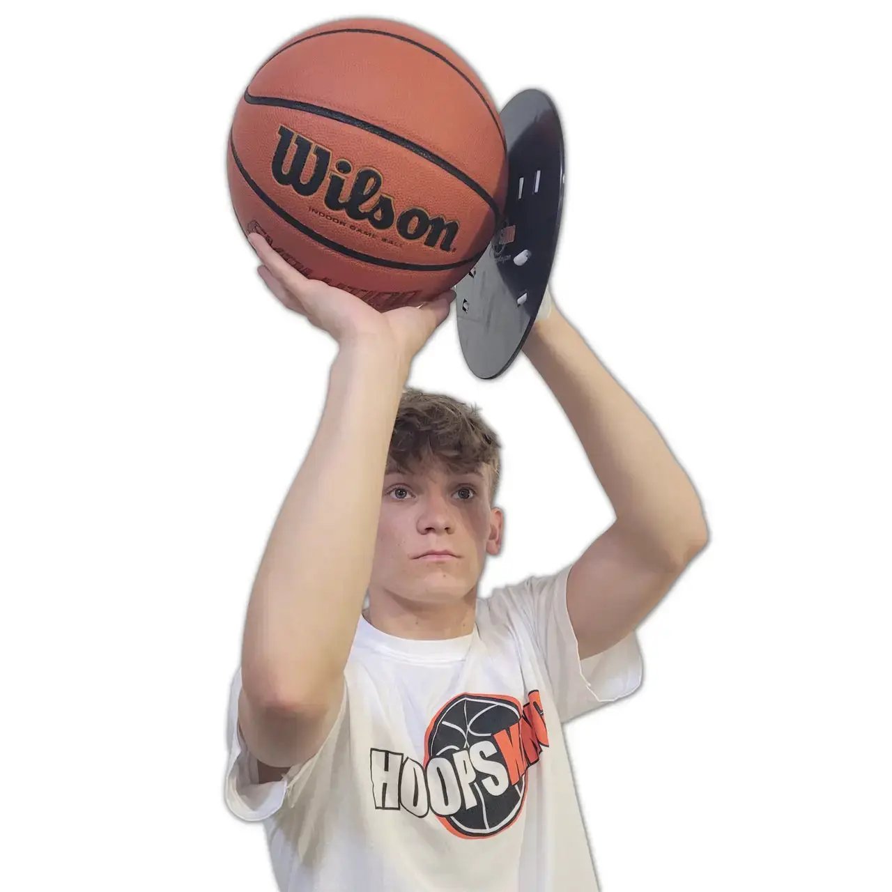 Smooth Shooter (Off Hand) basketball shooting aid by HoopsKing; black circular plate with orange Wilson basketball