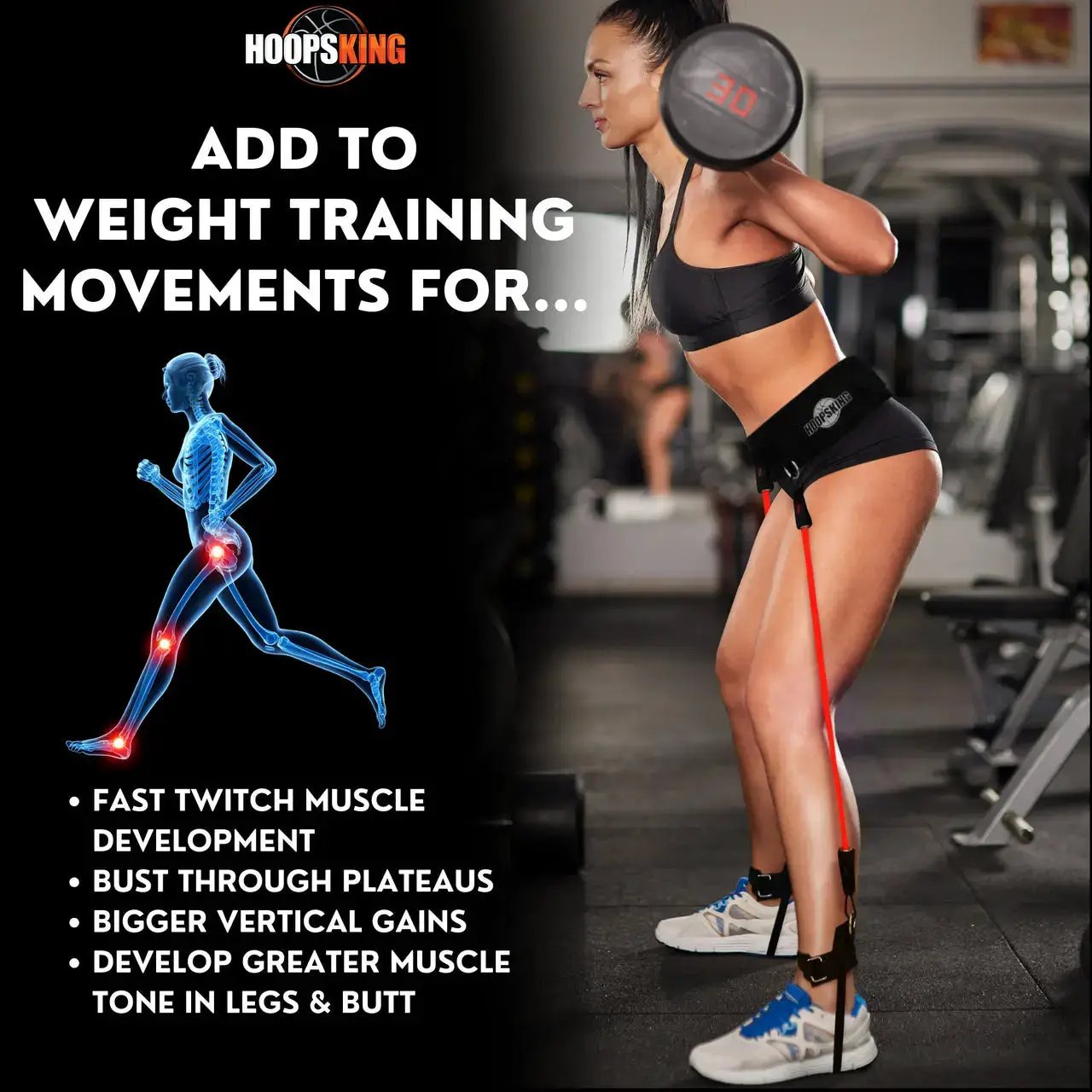 HoopsKing Vertical Jump Trainer Resistance Bands; black waist belt with red cords worn by female athlete in gym