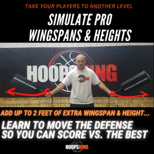 Defender Extender basketball training pads by HoopsKing; two black pads held in each hand by a man in a HoopsKing shirt.
