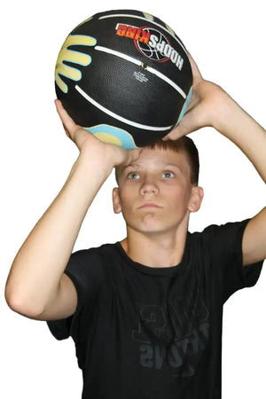 HoopsKing Hands on Shooter Basketball training ball, black with blue accents, held overhead by a young player