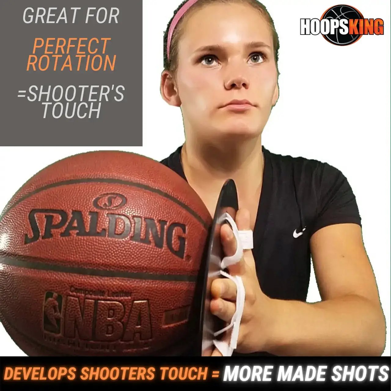 Smooth Shooter Off Hand shooting aid by HoopsKing with Spalding NBA basketball.