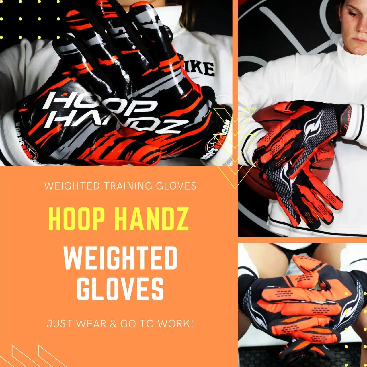 Hoop Handz weighted basketball gloves by HoopsKing; orange/black, enhances hand speed; 3 gloves shown.