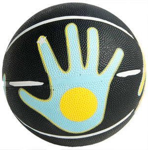 Hands on Shooter Basketball with hand-placement graphic on black ball, light blue hand with yellow outline