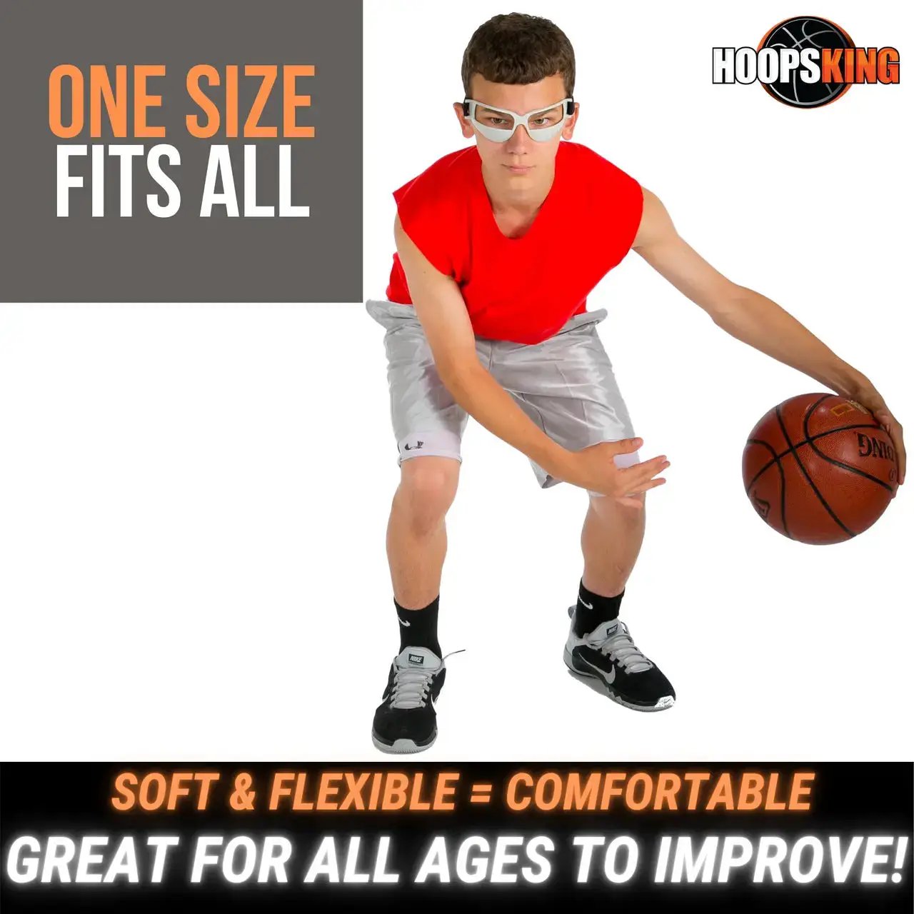 HoopsKing Dribble Goggles, white basketball eyewear worn by a player in a red shirt
