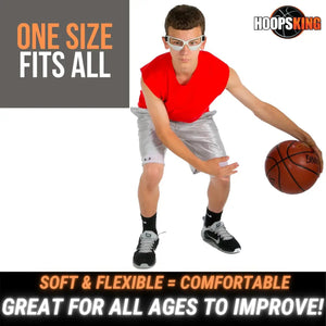HoopsKing Dribble Goggles, white basketball eyewear worn by a player in a red shirt