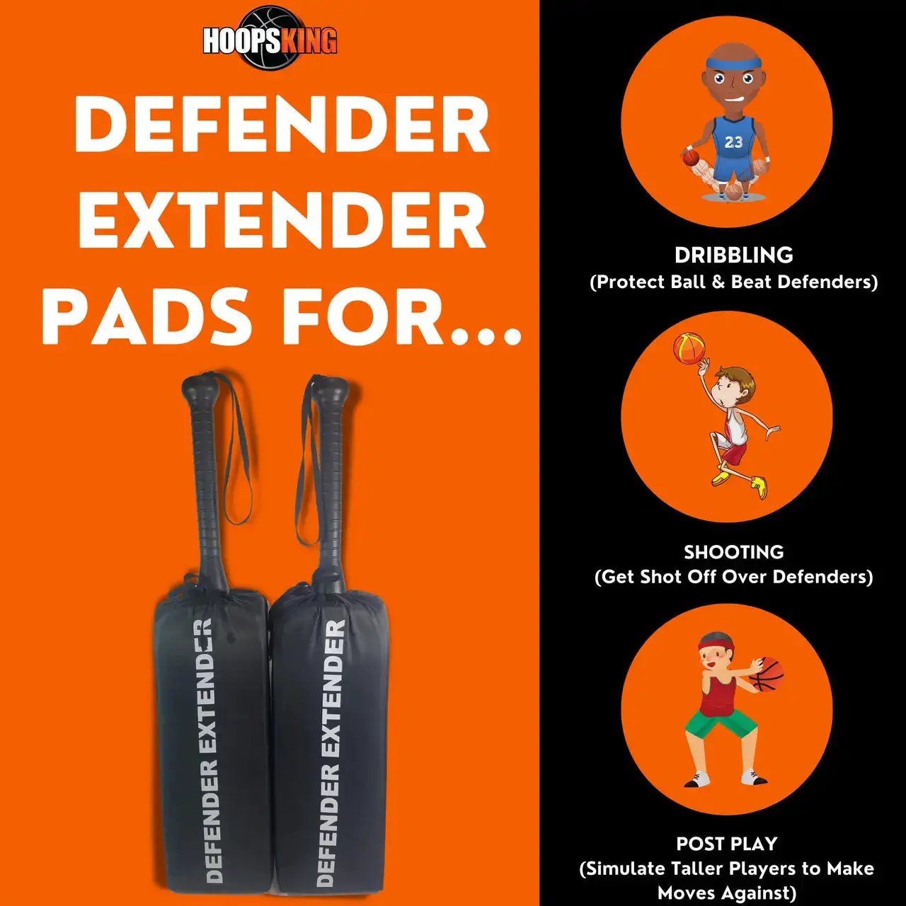 Defender Extender Basketball Training Pads by HoopsKing; two black padded pads with handles