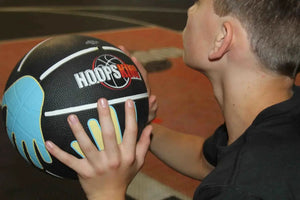 Hands on Shooter Basketball by HoopsKing with Hand Placement; black ball with blue-yellow grip panels, held by a player.