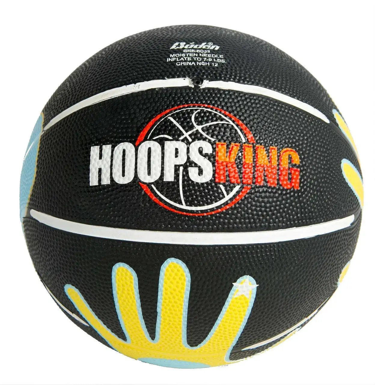 HoopsKing Hands on Shooter basketball with hand-placement design; black ball with yellow and light-blue glove accents.