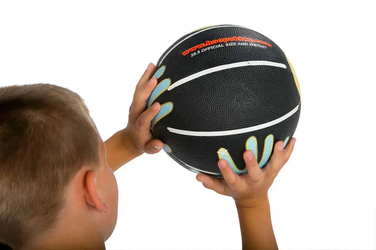 HoopsKing Hands on Shooter Basketball training aid; black official-size ball with blue grip patches held by two hands