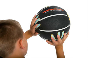 HoopsKing Hands on Shooter Basketball training aid; black official-size ball with blue grip patches held by two hands