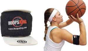 HoopsKing Bulls Eye Basketball Shooting Aid; black fuzzy strap with logo on a white base, shown with a player shooting.