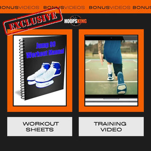 Jump 99 Plyometric Strength Training Shoes by HoopsKing; two panels show workout sheets and training video