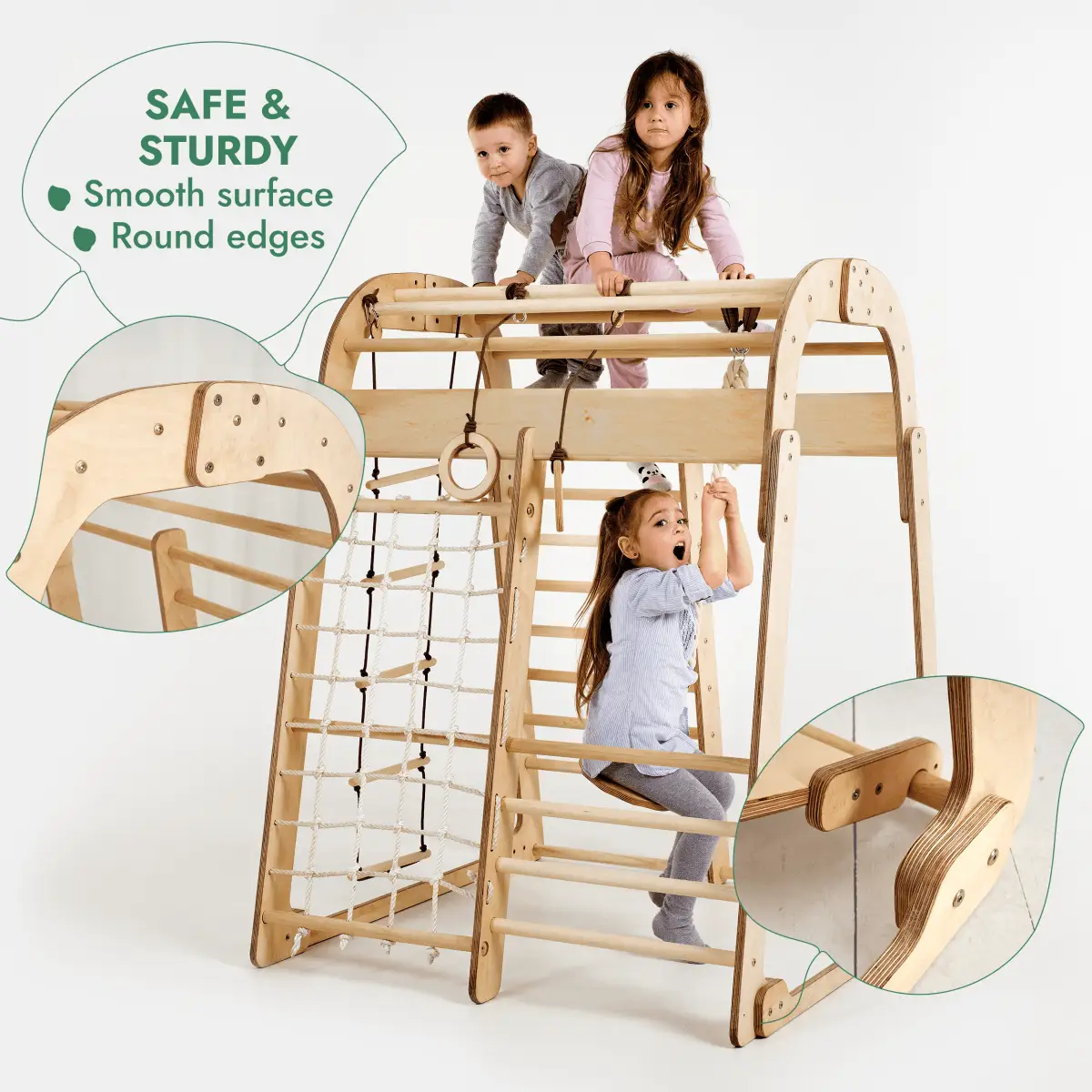 7in1 wooden indoor playground for kids with swings, rope net, climbing ladder and slide, natural wood