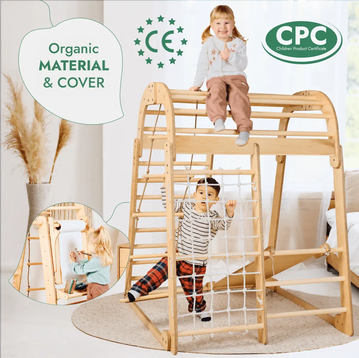 7in1 wooden indoor playset by Goodevas with swings, slide and climbing net for kids