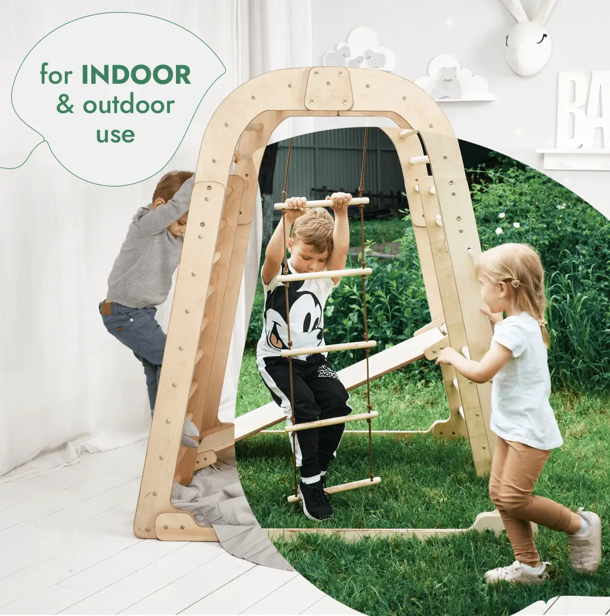 Goodevas 7in1 wooden indoor/outdoor kids playset with climbing rope ladder and slide