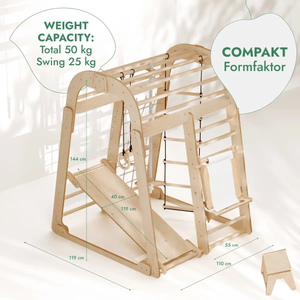 Wooden indoor 7-in-1 playset with swing and slide for kids