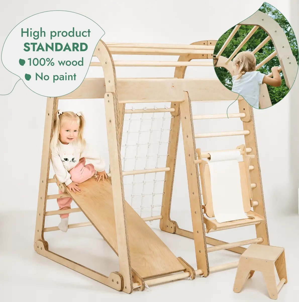 7-in-1 wooden indoor playground set in natural wood with slide, climbing net, and art station