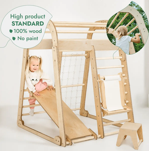 7-in-1 wooden indoor playground set in natural wood with slide, climbing net, and art station
