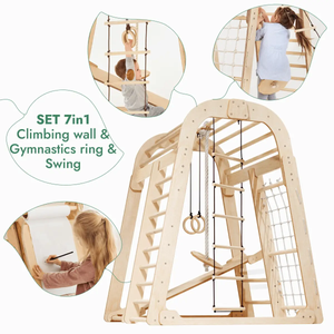 7in1 wooden indoor playground set with climbing wall, gymnastic rings, swing, ladder and art board for kids