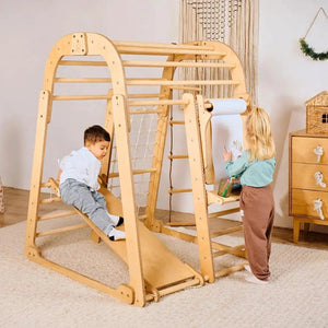 7in1 wooden indoor playground set with slide and climbing ladder; light wood finish, two kids playing.