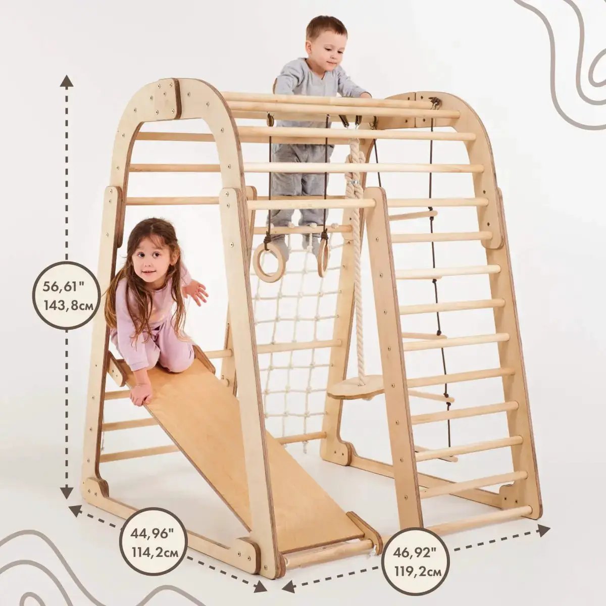 Indoor wooden 6in1 playset by Goodevas for kids with swings, slide and climbing ladder